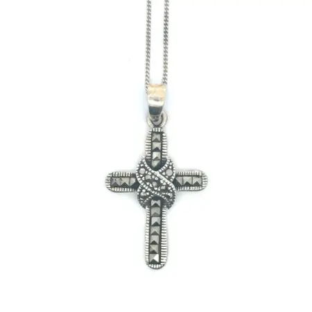 Vintage 20” .925 Sterling Silver Marcasite Knot Cross Pendant Necklace, 6.2g