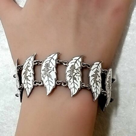 Vintage Siam Sterling Dancer White Leaf Enamel Panel 7" Bracelet 36.9 Grams