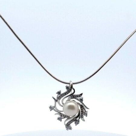 Freshwater Pearl & CZ Pendant Necklace Sterling Silver 16" Snake Chain 7.6 Grams