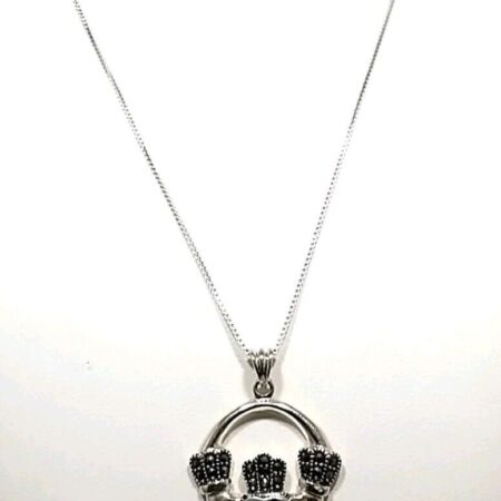 Sterling Silver Marcasite & Black Onyx Celtic Claddagh Love Pendant 20" Necklace