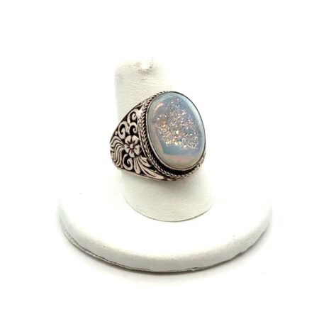 .925 Sterling Silver Floral Filigree Agate Druzy Ring Size - 8.25, 10.7g