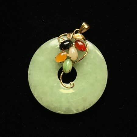 14k Yellow Gold Jade Disc Circe Pendant w/ Gemstones 5.8g