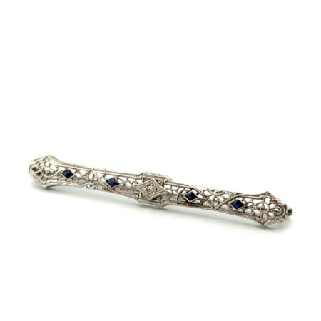 14k White Gold Diamond & Sapphire Art Deco Filigree Bar Pin/Brooch 3.4g