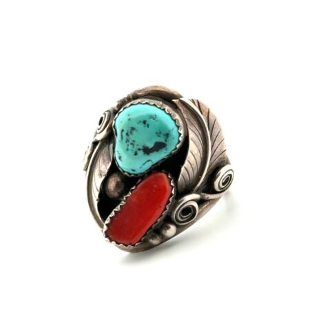 Size: 11.5 PD Signed 925 Sterling Silver Turquoise & Red Coral Ring 12.5g
