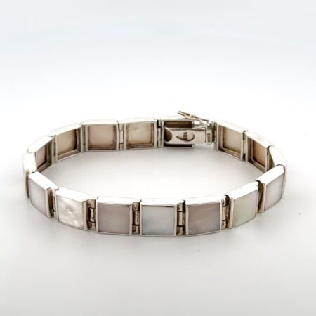 7.5” FAS Thailand 925 Sterling Silver Mother of Pearl Square Link Bracelet 26.9g