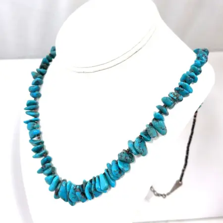 28” Graduated Turquoise Nugget & Heishi Beaded Necklace 925 Sterling 51.5g