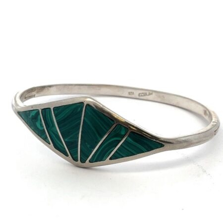 Mexico 925 Sterling Silver Green Malachite Inlay Hinged Bangle Bracelet 20.4g