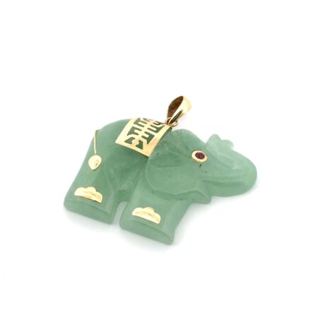 10k Yellow Gold Carved Green Jade Elephant Pendant w/ Ruby Eye 7.9g