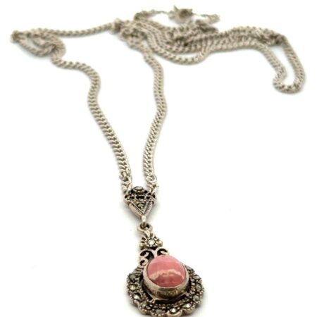 28” .925 Sterling Silver Rhodocrosite & Marcasite Pendant Necklace, 15.2g