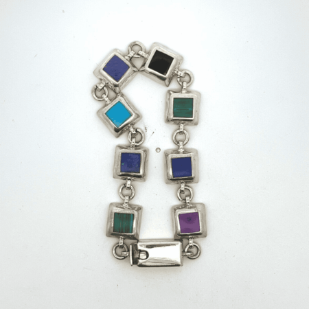 Vintage Mexico .925 Sterling Silver Multi-Color Stone Bracelet 26.3 Grams - 6.5"