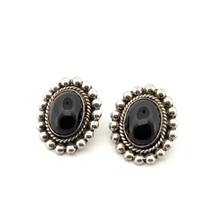 Taxco Mexico 925 Sterling Silver Oval Onyx Clip-On Earrings 18.4g