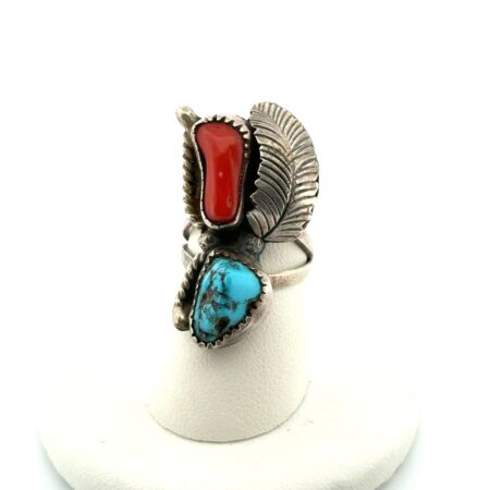 Size: 6 ESL Signed Turquoise & Coral 925 Sterling Silver Native American Ring 7g