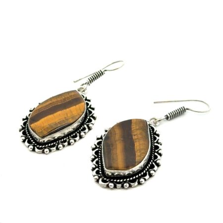 .925 Sterling Silver Natural Tiger’s Eye Stone Drop Earrings, 13.1g