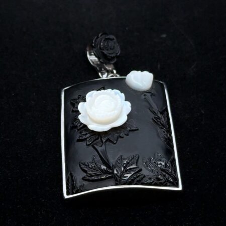 .925 Sterling Silver Obsidian & Mother Of Pearl Pendant, 26.6g