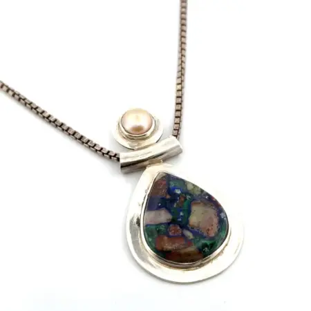16” 925 Sterling Silver Azurite, Malachite, & Mabe Pearl Pendant Necklace 21.9g