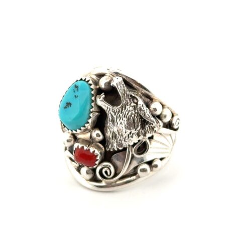 Navajo Jeanette Saunders Turquoise & Coral 3D Wolf Ring Size: 12.5