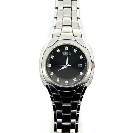 Citizen Eco-Drive 38mm Date Indicator Black Dial Silver Band Diamond Markers