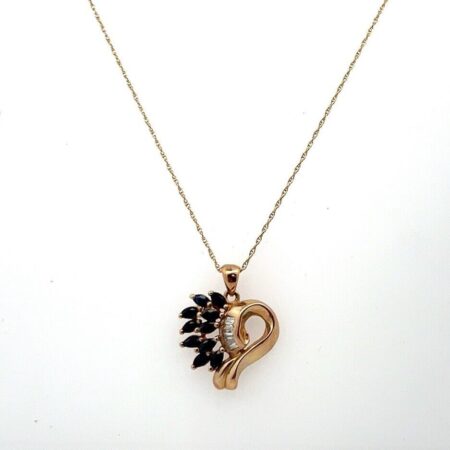 10k Yellow Gold Diamond & Sapphire Heart Pendant on 18” 10k Gold Chain 2.9g