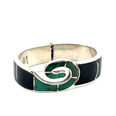 6.5” Taxco Mexico 925 Sterling Silver Onyx & Malchite Hinged Bangle Bracelet 55g