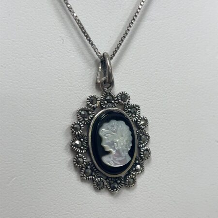 Sterling Silver Mother of Peal Onyx Pendant and Marcasite on 18” SS Chain