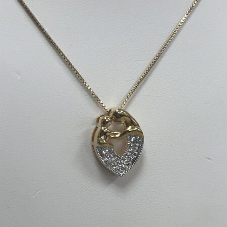 Cubic Zirconia 925 Sterling Silver Gold Vermeil Mother & Child Heart Pendant 18”