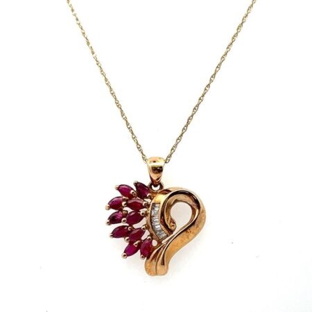 10k Yellow Gold Diamond & Ruby Heart Pendant on 18” Yellow Gold Chain 2.7g