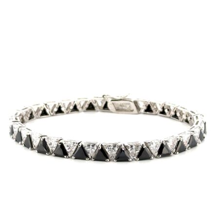 8” UTC 925 Sterling Silver Trillion Cut Two-Tone Tennis Bracelet 25g