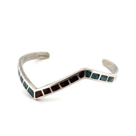 6” Navajo 925 Sterling Silver Turquoise & Coral Inlay Zig-Zag Cuff Bracelet