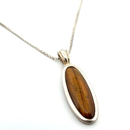 24” x 1.5mm Oval Tiger’s Eye Pendant 925 Sterling Silver Popcorn Chain Necklace