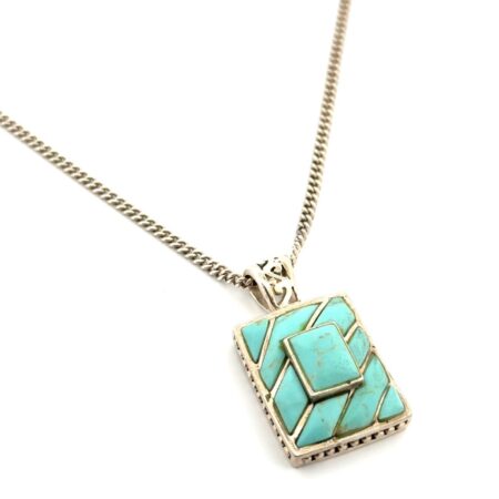 19” 925 Sterling Silver Rectangle Turquoise Pendant Curb Chain Necklace 18.9g