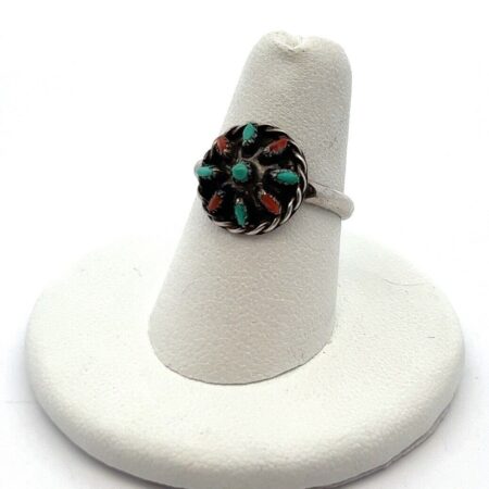 Vintage Zuni Turquoise & Coral Petit Point Cluster Ring Size: 6.5