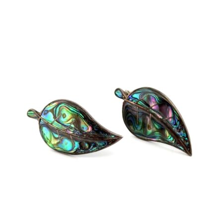 Vintage Mexico 925 Sterling Silver Abalone Shell Inlay Leaf Screwback Earrings