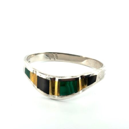 7” Taxco Mexico 925 Sterling Silver Onyx & Malachite Hinged Bangle Bracelet 42g