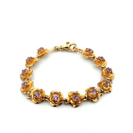 7” Vintage Gold Vermeil 925 Sterling Silver Amethyst Flower Link Bracelet 20.8g