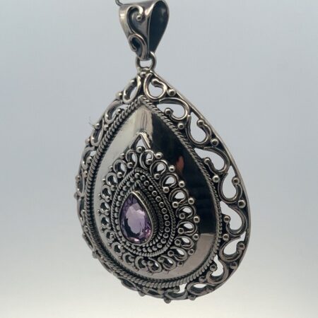 925 Sterling Silver Large Amethyst Teardrop Shape Pendant 26.4 Grams