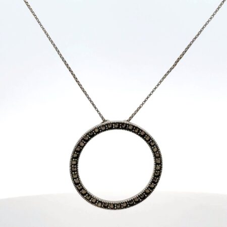.925 Sterling Silver, Marcasite Round Pendant on 21" Box Chain - 4.9g
