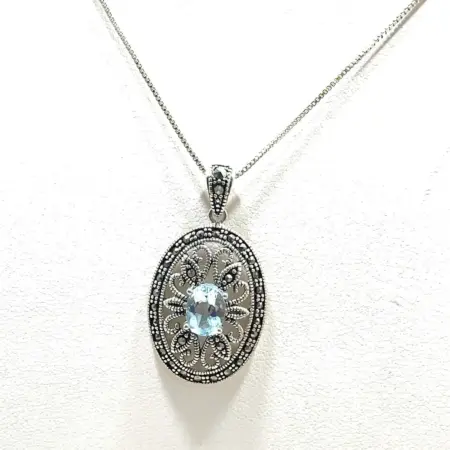 Vintage Sterling Silver 18" Blue Topaz & Marcasite Pendant & Box Chain Necklace