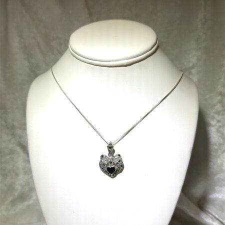 10 Inch Sterling Silver Box Chain w/ Double Heart Pendant Onyx & Marcasite- 6.5G
