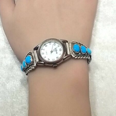 Native American Sterling Silver Watch Turquoise Navajo Quartz MOP Face 6mm Band
