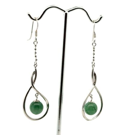 925 Sterling Silver Dangle Earrings w/Aventurine Ball Beads, 4.4g