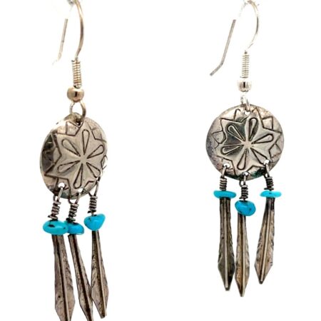.925 Sterling Silver Shield & Feathers Dangle Turquoise Accent Earrings 3.9g