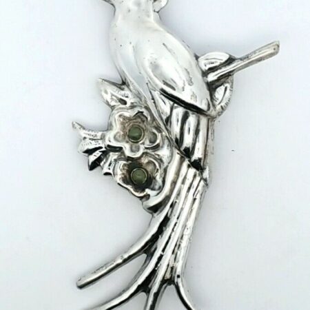 Large Quetzal Bird Sterling Silver Brooch with Turquoise Beads, Stamped Mexico
