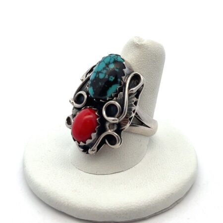 Native American Navajo 925 Sterling Silver Turquoise & Red Coral Ring Size: 8.5