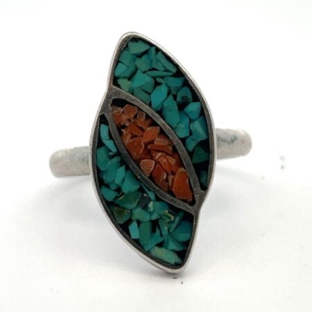 Vintage Sterling Silver, Turquoise & Red Coral Mosaic Size 5.5 Ring - 3.1 Grams