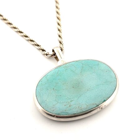 24” Large Oval Larimar Pendant 925 Sterling Silver Rope Chain Necklace 81.6g