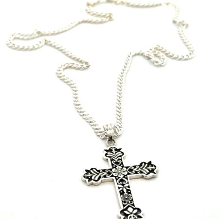 18” .925 Sterling Silver Flora Cross Pendant on Sterling Silver Chain, 15.8g