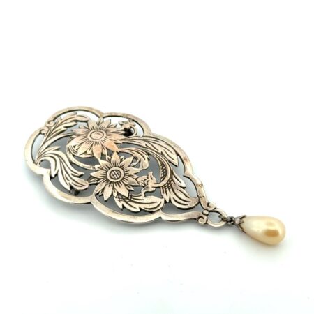 Vintage 925 Sterling Silver Large Medallion Floral Pearl Teardrop Pin 9.4g