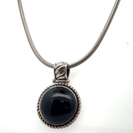 17.5” 925 Sterling Silver Snake Chain Necklace w/ Round Black Onyx Pendant 46.0g