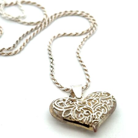 23” .925 Sterling Silver Open Filigree Puffy Heart Necklace, Rope Chain, 14.0g