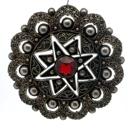 .925 Sterling Silver Byzantine Brooch, Red Glass (Scratch Tested) - 20.5g